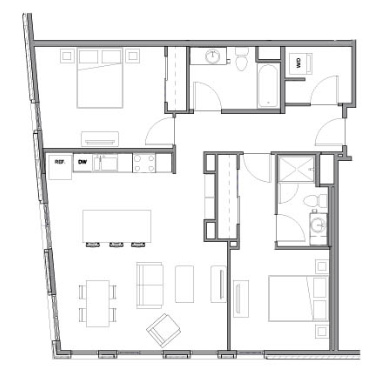 Floor plan for 2 beds, 2 baths, 1041 sqft